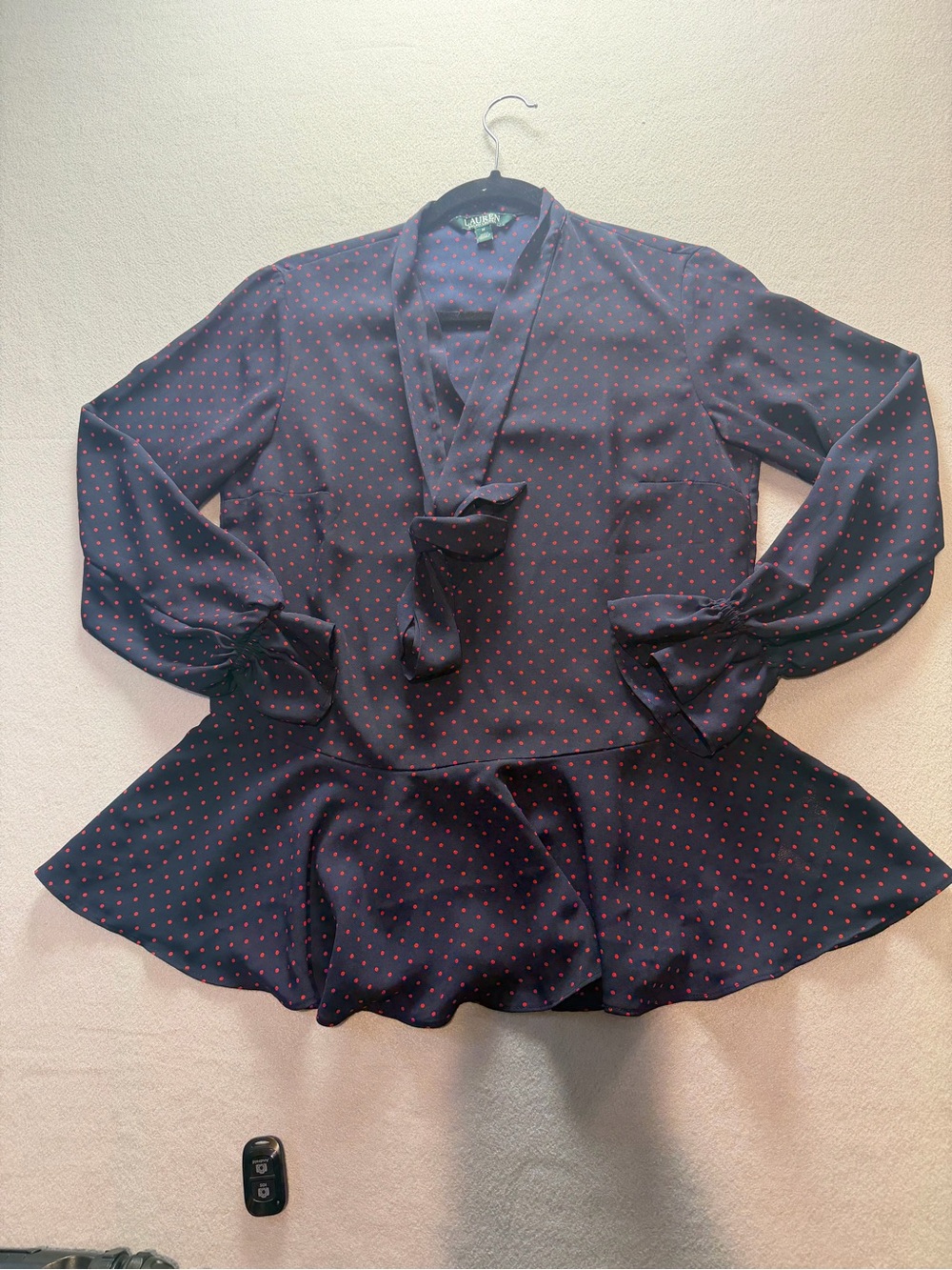 Ralph Lauren Navy Blouse with Red Polka Dots